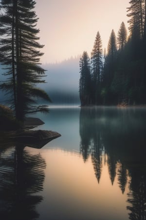 A serene mountain lake, framed by towering pine trees, with mist rising gently from the water's surface, captured through a soft-focus lens, during the early hours of dawn