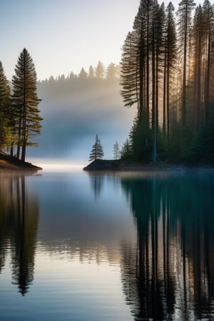 A serene mountain lake, framed by towering pine trees, with mist rising gently from the water's surface, captured through a soft-focus lens, during the early hours of dawn