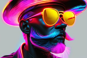 A vibrant digital artwork of a stylized man with a hat, sunglasses, and a glowing neon beard emitting colorful, swirling lines on a black background.