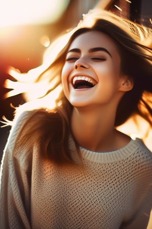 a girl, cosy sweater on, upper body, (huge Laughing:1.1), (open mouth:1.1), (wide open eyes:1.2), sun glare, bokeh, depth of field, blurry background, light particles, strong wind, (heart particles:1.1)