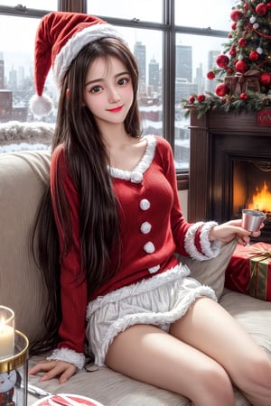 (1girl:1.3), (Extremely cute, Amazing face and eyes), solo, realistic, santa hat, christmas, long hair, fire, long sleeves, red sweater, smile, christmas tree, scenery, fireplace, window, couch, table, indoors, cityscape, christmas lights, christmas ornaments, building, night, chair, city, carpet, lamp, rug, city lights, snowing, stuffed toy, curtains, candle, gift box, stuffed animal, snow, cup, pillow, instrument, skyscraper, sky, teddy bear, cushion, (Best Quality:1.4), photo realistic, raw photos, professional photograpy, focus on girls face, ,little_cute_girl,mecha
