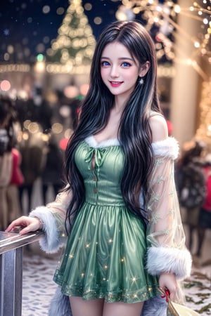 vibrant colors, female, masterpiece, sharp focus, best quality, depth of field, cinematic lighting, ((solo, adult woman)), (illustration, 8k CG, extremely detailed), masterpiece, ultra-detailed, 1 girl, long hair, blue hair, green eyes, in a dazzling display of holiday splendor, a girl stands adorned in Christmas attire amidst a sea of twinkling lights and festive illuminations. The detailed illustration captures her in the enchanting embrace of the season, surrounded by the luminous glow of holiday decorations, dressed in vibrant and festive clothing, the room is aglow with the warm hues of Christmas lights, creating a magical and inviting atmosphere. The girl's joyful expression reflects the spirit of the season, and the sparkling lights add a touch of winter magic to the festive tableau, the illustration paints a vibrant portrait of a girl immersed in the brilliance of Christmas, where her holiday attire and the luminous decorations create an atmosphere of joy, warmth, and the radiant magic of the holiday season
