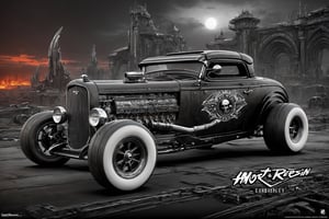 Ultra wide photorealistic medieval gothic image of "HOT ROD" inscription, car hot rod sport, custom design, monster statue, graffiti, racing serial number, fast lanes, iron chains in the background, skull outline in the background. Dark sun, giant cybernetic abstract, black and neon laser pistachio gray, ink flow - 8k photorealistic masterpiece - by Aaron Horkey and Jeremy Mann - detail. liquid gouache: Jean Baptiste Mongue: calligraphy: acrylic: color watercolor, cinematic lighting, maximalist photo illustration: marton Bobzert: 8k concept art, intricately detailed realism, complex, elegant, vast, fantastic and psychedelic, dripping with paint,jorg karg,portrait_futurism,make_3d,science fiction