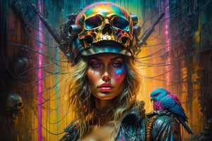 Please create a masterpiece, chopper motorcycle, stunning beauty, perfect chopper motorcycle, epic love, machine slave, full body, huge breasts, perfect breasts, hyperrealistic oil painting, vibrant colors, body horror, wires, , indian war hat, biopunk, cyborg by peter gric, Hans Ruedi Giger Marco Mazzoni dystopian golden light perfect composition multi color dripping paint, in the background a rock in the shape of a skull,