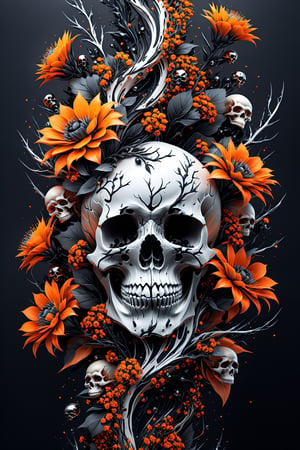 Ultra wide photorealistic futuristic image massive thorny branches with flowers, small skulls, black and orange black, Ink Flow - 8k photorealistic masterpiece