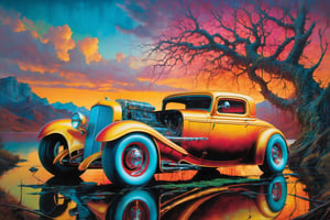 Please create a masterpiece, car hot rod, old school, custom design, wide tires, stunning beauty, perfect hot rod, in the background a rock in the shape of a skull, epic love, machine slave, full body, sexy woman, naked woman, huge breasts, perfect breasts, branches, lake, hyperrealistic oil painting, vibrant colors, print drawing, body horror, wires, biopunk, cyborg by peter gric, Hans Ruedi Giger Marco Mazzoni dystopian golden light perfect composition multi color dripping paint,