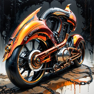 SKENETRA. Ultra wide photorealistic medieval gothic image of "SKENETRA" lettering, custom design, graffiti, racing serial number, fast lanes, full motorcycle, iron chains in the background, hieroglyph. Dark sun, giant cybernetic abstract, rocky road, black and orange-red gray, ink flow - 8k photorealistic masterpiece - by Aaron Horkey and Jeremy Mann - detail. liquid gouache: Jean Baptiste Mongue: calligraphy: acrylic: color watercolor, cinematic lighting, maximalist photo illustration: marton Bobzert: 8k concept art, intricately detailed realism, complex, elegant, sprawling, fantastical and psychedelic, dripping with color,g1h3r