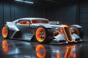 photorealistic image, masterpiece, high quality 8K, futuristic sci-fi fantasy hot rod style super car, brutal tuning, legacy of Tron, grey white and orange neon lights, good lighting, at night, sharp focus