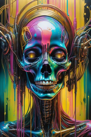 Please create a masterpiece, Alien, background skull, hyperrealistic oil painting, vibrant colors, print drawing, body horror, wires, biopunk, cyborg by peter grico, Hans Ruedi Giger Marco Mazzoni dystopian golden light perfect composition multicolor dripping paint,
