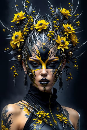 Ultra wide photorealistic futuristic image massive thorny branches with flowers, face of a beautiful cyberpunk girl, tatto, mask small skulls, black and dark yellow black, Ink Flow - 8k photorealistic masterpiece,action shot,cyborg style