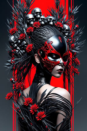 Ultra wide photorealistic futuristic image massive thorny branches with flowers, cyber face of a beautiful cyberpunk girl, tatto, wiking woman, red metal skull mask, tiny skulls, black and dark grey, Ink Flow - 8k photorealistic masterpiece,action shot,cyborg style,cyborg,From Behind,monster