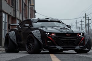 A dark, imposing chevrolet camaro in matte black stands in a dystopian urban setting (((with a huge, highly detailed mechanical bulk with red accents, giving it a menacing look))). (((The lights are eerily white))) which adds to the mysterious and intimidating presence. The abstract background features dilapidated buildings and power lines under a grey, overcast sky, enhancing the bleak and industrial atmosphere of the scene. The overall image exudes a sense of power, danger and post-apocalyptic preparedness. ultra realistic, ultra detailed,
,F-GVA Armor Suit