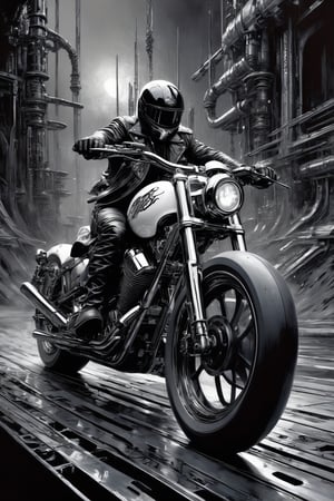 Ultra wide photorealistic futuristic image, elaborate chooper motorcycle rider white man, legs stretched forward, custom design, graffiti, racing serial number, fast lanes, iron chains in the background. Dark sun, cyber abstract background, black and laser gray, ink flow - 8k photorealistic masterpiece - by Aaron Horkey and Jeremy Mann - detail. liquid gouache: Jean Baptiste Mongue: calligraphy: acrylic: color watercolor, cinematic lighting, maximalist photo illustration: marton Bobzert: 8k concept art, intricately detailed realism, complex, elegant, vast, fantastic and psychedelic, dripping with paint,jorg karg,portrait_futurism ,make_3d , science fiction,darkart