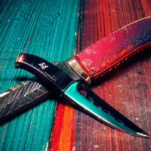 blend, medium shot, bokeh, (hdr:1.4), high contrast, (cinematic, teal and orange:0.85), (muted colors, dim colors, soothing tones:1.3), low saturation, 
The knife possesses dual edges: a keen side and a serrated one, while its handle boasts crimson accents resembling perforations.