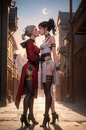 detailed illustrations, full body, full_body, digital illustration, high quality, cinematic lighting, (2 Girls), ((taylor swift)), flower crown, high elf princess, fantasy, high fantasy, one girl dressed in coat and boots (female), and the other in a dress and heels, (long_ponytail), taylor swift, keira knightley, holding each other, kissing, intimate, touching, modern, bdsm, bondage, choker, collar, long pointy ears, slender ears, beautiful clothes, castle, long legs, standing in alleyway in town with castle in background, crescent moon, thigh sock, choker, armor, silver and gold dress, correct anatomy, perfect hands, beautiful eyes, high_heels, black hood, sultry, (delicate face) , perfect detail, perfect feet,dark studio,arcane style,