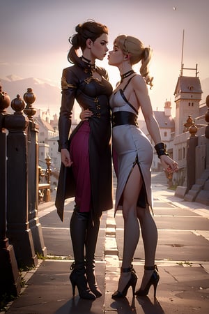 detailed illustrations, full body, full_body, digital illustration, high quality, cinematic lighting, (2 Girls), ((taylor swift)), flower crown, high elf princess, fantasy, high fantasy, one girl dressed in coat and boots (female), and the other in a dress and heels, (long_ponytail), taylor swift, keira knightley, holding each other, kissing, intimate, touching, modern, bdsm, bondage, choker, collar, long pointy ears, slender ears, beautiful clothes, castle, long legs, standing in alleyway in town with castle in background, crescent moon, thigh sock, choker, armor, silver and gold dress, correct anatomy, perfect hands, beautiful eyes, high_heels, black hood, sultry, (delicate face) , perfect detail, perfect feet,dark studio,Game of Thrones,Realism,arcane style,hourglass body shape