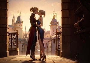 detailed illustrations, full body, full_body, digital illustration, high quality, cinematic lighting, (2 Girls), ((taylor swift)), flower crown, high elf princess, fantasy, high fantasy, (long_ponytail), taylor swift, keira knightley, holding each other, kissing, intimate, touching, modern, bdsm, bondage, choker, collar, long pointy ears, slender ears, beautiful clothes, castle, long legs, standing in alleyway in town with castle in background, crescent moon, thigh sock, choker, armor, silver and gold dress, correct anatomy, perfect hands, beautiful eyes, high_heels, black hood, sultry, (delicate face) , perfect detail, perfect feet,dark studio,Game of Thrones,Realism,arcane style,hourglass body shape
