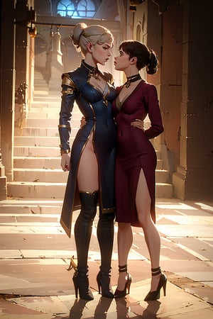 detailed illustrations, full body, full_body, digital illustration, high quality, cinematic lighting, (2 Girls), ((taylor swift)), flower crown, high elf princess, fantasy, high fantasy, one girl dressed in coat and boots (female), and the other in a dress and heels, (long_ponytail), taylor swift, keira knightley, holding each other, kissing, intimate, touching, modern, bdsm, bondage, choker, collar, long pointy ears, slender ears, beautiful clothes, castle, long legs, standing in alleyway in town with castle in background, crescent moon, thigh sock, choker, armor, silver and gold dress, correct anatomy, perfect hands, beautiful eyes, high_heels, black hood, sultry, (delicate face) , perfect detail, perfect feet,dark studio,Game of Thrones,Realism,arcane style,hourglass body shape