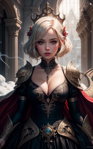 A Ultra realistic, full-body_portrait, a stunningly  ultra highly detailed, fantasy acrylic painting, symmetrical, crown, dragon girl, dragon skin, dragon eyes, dragon scales on cheeks, red-white princess, fantasy,  white swirling smoke, sunlight, sunbeams, castle, cleavage, (wink), winking, falling_snow, outdoor, Jeremiah Ketner.  filigree detailed, complex background, dynamic lighting, lights, digital painting, intricated pose, highly detailed  filigree, intricated, cute, surreal   masterpiece, high quality,   best quality, perfect detailed, ultra sharp focus