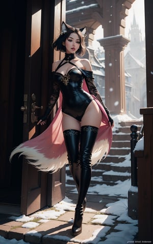 A Ultra realistic, ((full body)), full-body_portrait, a stunningly  ultra highly detailed, fantasy acrylic painting, kitsune dominatrix as a kpop idol, dominatrix, kitsune girl, ninja girl, smokey eyes, perfect face, skirt, black stockings, thigh_highs, (((thigh high boots))), high heels, black-pink princess, seductive, fantasy, sunlight, sunbeams, castle, cleavage, falling_snow, outdoor, Jeremiah Ketner.  filigree detailed, complex background, dynamic lighting, lights, digital painting, erotic pose, highly detailed  filigree, intricated, cute, surreal, masterpiece, high quality,   best quality, perfect detailed, ultra sharp focus