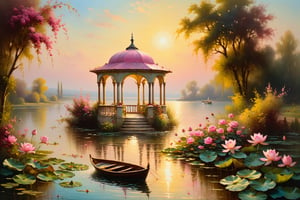 river, boat, pink lotuses on the water, sun in the sky, sunny path on the water, rose bushes on the shore, a beautiful gazebo on the shore, oil painting in the style of the artist Hans Zatzka, play of light and shadows