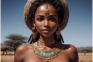 Realistic, (highly extreme detailed), (high quality resolution 4k), (high detailed face),( fashion photography of beautiful  black skin girl from the Samburu tribe:1.2) , with  ochre-dyed hair, yellow eyes, happy face, nice figure, skinny muscular body , ultra realistic skin , (nude body) ,wet skin , to many  jewelry in the African  ethnic style , expressive pose, ((African savannah  in  background)) , 3d render, cgi, symetrical, octane render, 35mm, bokeh, 9:16, (intricate details:1.12), hdr, (intricate details, hyperdetailed:1.15), dark theme ,(natural skin texture, hyperrealism, soft light, sharp:1.2), detailed, ,  