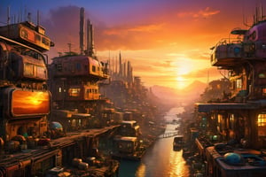scifi, slum in a Ephemeral scifi topia beyond the beginning of reality, masterpiece, Eye-catching sunset, Masterpiece realistic, best high quality, perfect details, intricate details, nice lighting, detailed background,