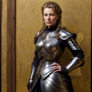 Beautiful woman warrior in armor, style: Karol Buck, Jean Deville, Gustav Klimt and Vincent van Gogh.