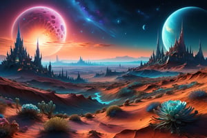 Alien landscape dominates the foreground, undulating reddish terrain punctuated with bizarre flora, a shimmering mysterious city skyline etched in the horizon under a deep azure multi-mooned sky, collaboration piece by Ojan Shirozhan and Igor Morski, ultra HD, realistic textures, vivid colors, UHD drawing with pen and ink, intricate composition meticulously detailed, octane rendering, trending on ArtStation, 8k, photorealistic concept art, enveloped in soft,DonMC3l3st14l3xpl0r3rsXL
