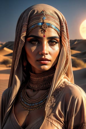 Realistic, (highly extreme detailed), (high quality resolution 4k), (high detailed face),( fashion photography of beautiful  Arabian woman 35 old from the Bedouin tribe:1.2) , with medium dark hair,  hazel eyes, smart beautiful face, nice figure, skinny  body , ultra realistic skin , nude body ,  to many  jewelry in the  Arabian  ethnic style , arabic henna tattoos ,silk translucent hijab, beautiful Arabic make-up , expressive pose, ((night desert, dunes  in  background)), full moon , 3d render, cgi, symetrical, octane render, 35mm, bokeh, 9:16, (intricate details:1.12), hdr, (intricate details, hyperdetailed:1.15), dark theme ,(natural skin texture, hyperrealism, soft light, sharp:1.2), detailed, ,Realism