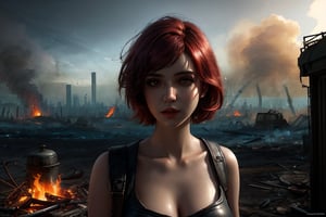 ultra-realistic 8k wallpaper photo, ,in full growth , photo of girl in wastelander sexy leather ragged clothes,redhair,Fallout 4 ,short haircut,gasmasck , Beautiful face ,pale skin,slim body,background is city ruins,(high detailed skin:1.2),8k,soft lighting,high quality, photorealistic ,postapocalyptic in background, fires ,(( by Jonas De Ro))