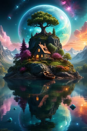 breathtaking concept art of the midle of a lake with litle island in mountain landscape, a rock with a bonsai growing out of it, a girl siting on a boat floating in the water,  (high quality:1.4), (best quality:1.4), (masterpiece:1.4),color_  , official art, official wallpaper, surreal,  , detailed landscape:1.1, magic in the air:1.1, stardust:1.1, night sky, at night, (sunset:1.2), whimsical atmosphere:1.1, dreamlike world:1.1,  moonlight:1,  powerful energy:1.2,  peaceful:1.2, glimmering galaxy:1.1, (detailed:1.1), (extremely detailed:1.1), sharp focus, (intricate:1.1), cinematic lighting, (extremely intricate:1.1), (epic scenery:1.1), , (beautiful scenery:1.1), (detailed scenery:1.1), (intricate scenery:1.1), (wonderful scenery:1.1), (sharp focus,absurdres,high quality,masterpiece,highres,best quality:1.5), (Extremely Detailed Oil Painting:1.2), glow effects, godrays, Hand drawn, render, 8k,  dark, atmospheric 4k ultra detailed, cinematic sensual, Sharp focus, humorous illustration, big depth of field, Masterpiece, 4k, concept art, trending on artstation, hyperrealistic, Vivid colors,  trending on ArtStation, trending on CGSociety, Intricate, High Detail, dramatic, absurdes, raytracing,  perfect viewpoint, highly detailed, wide-angle lens, hyper realistic, with dramatic sky, polarizing filter, natural lighting, vivid colors, everything in sharp focus, HDR, UHD, 64K, (Extremely Detailed Oil Painting:1.2), glow effects, godrays, Hand drawn, render, 8k, octane render, cinema 4d, blender, dark, atmospheric 4k ultra detailed, cinematic sensual, Sharp focus, humorous illustration, big depth of field, Masterpiece, colors, 3d octane render, 4k, concept art, trending on artstation, hyperrealistic, Vivid colors, extremely detailed CG unity 8k wallpaper, trending on ArtStation, trending on CGSociety, Intricate, High Detail, dramatic, absurdes . digital artwork, illustrative, painterly, matte painting, highly detailed . award-winning, professional, highly detailed,DonMC3l3st14l3xpl0r3rsXL