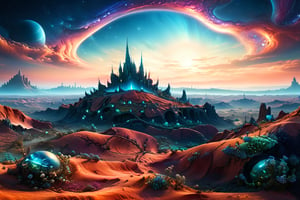Alien landscape dominates the foreground, undulating reddish terrain punctuated with bizarre flora, a shimmering mysterious city skyline etched in the horizon under a deep azure multi-mooned sky, collaboration piece by Ojan Shirozhan and Igor Morski, ultra HD, realistic textures, vivid colors, UHD drawing with pen and ink, intricate composition meticulously detailed, octane rendering, trending on ArtStation, 8k, photorealistic concept art, enveloped in soft,DonMC3l3st14l3xpl0r3rsXL,Sci-fi 