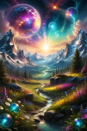 mystic valley, mountain, forests, bushes, flowers, meadow, swirls of mystic arcane energy, orbs of light, (masterpiece:1.2), best quality, (hyperdetailed, highest detailed:1.2), high resolution textures, painted world, colorful splashes, background focus, 