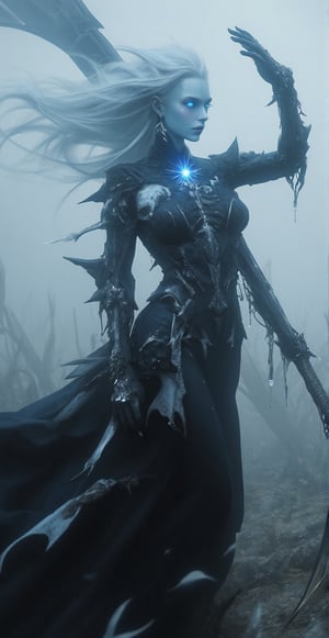 Score_9, score_8_up, score_7_up, In a desolate wasteland shrouded in an eerie mist, Mors, the death demon lord, stands tall, her long silver hair flowing like tendrils of mist around her pale, cold-skinned face. Her ethereal eyes glow with an otherworldly ice blue light, as she raises her scythe, its blade shimmering with an unearthly energy. Her dark, skeletal robe is emblazoned with white bones and skull patterns, blending seamlessly into the bleak landscape. The dynamic pose captures Mors' perfect figure, while the detailed skin texture and perfect anatomy convey a sense of realism. The depth of field brings the viewer's gaze to her radiant, deathly pale skin, as if drawn to her very essence. Movie special effects grade style.