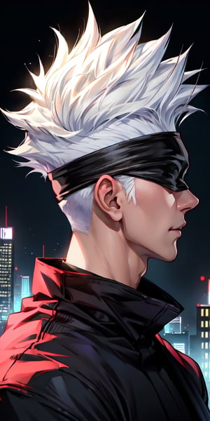 gojo: 1 photgraph, ((face only)), 1male, ripped, Cheerful face, (white hair), (handsome), (full black jacket), ((right sideview)), (rightside), (glowing), ((city:background)),4k, masterpiece, 8k, realistic,(satoru gojo), ((blindfolded one of the eyes)), ((dinamic pose)), SATORU GOJO