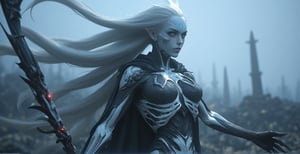 4k, 8k, RTX, Score_9, score_8_up, score_7_up, In a desolate wasteland shrouded in an eerie mist, Mors, the death demon lord, stands tall, her long silver hair flowing like tendrils of mist around her pale, cold-skinned face. Her ethereal eyes glow with an otherworldly ice blue light, as she raises her scythe, its blade shimmering with an unearthly energy. Her dark, skeletal robe is emblazoned with white bones and skull patterns, blending seamlessly into the bleak landscape. The dynamic pose captures Mors' perfect figure, while the detailed skin texture and perfect anatomy convey a sense of realism. The depth of field brings the viewer's gaze to her radiant, deathly pale skin, as if drawn to her very essence. Movie special effects grade style.