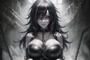 Masterpiece, Best quality, High resolution, Voluptuous woman, Prisoner, shackles on hands, Only woman, Curves, Masterpiece, Big breasts, Happy, dirty, black and white striped cloth prisoner clothes, rusty chains, messy hair , devious smile, desolate dark background, torn prisoner's clothes, long black and purple streaked hair, purple eyes, chained body, padlocked collar, desolate prison, dirty body and face, tattoos, dirty hair, pale skin,