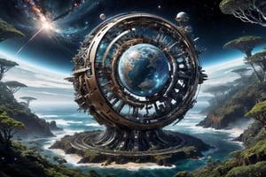 mechanical planet, half forest and ocean, half mechanical, cyborg, large space entity, planet half destroyed, built from giant mechanical parts, gears, wiring, cybernetic planet, swirling galaxies, stunning cosmos, 