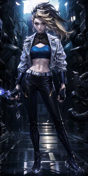 (masterpiece, best quality, highres), detailed, 1girl, , long_ponytail, cool pose, akali, jewelry, fingerless gloves, midriff, earrings, (two-tone hair, black hair,blonde hai) full_body, open jacket, black gloves, simple background, holding dagger, ,Detailedface,  