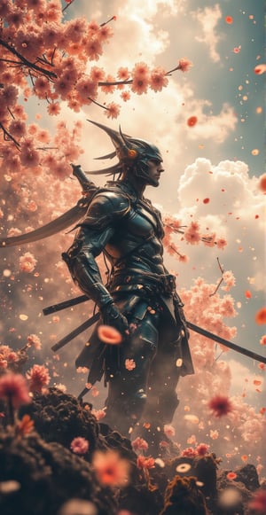 Photography image, film epic scene .A cyberpunk black mecha samurai stands triumphantly amidst a haze of cherry blossom petals, standing in dynamic action pose. Framed from a low angle, the camera captures his powerful stance, emphasizing his imposing figure against the serene landscape. The warm glow of sunlight casts long shadows behind him, as petals swirl in a gentle dance around his mighty form.,Film style,Aura