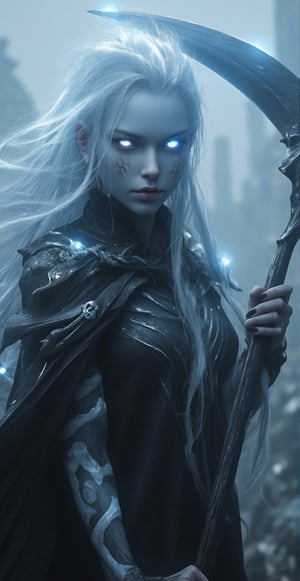 Score_9, score_8_up, score_7_up, In a desolate wasteland shrouded in an eerie mist, Mors, the death demon lord, stands tall, her long silver hair flowing like tendrils of mist around her pale, cold-skinned face. Her ethereal eyes glow with an otherworldly ice blue light, as she raises her scythe, its blade shimmering with an unearthly energy. Her dark, skeletal robe is emblazoned with white bones and skull patterns, blending seamlessly into the bleak landscape. The dynamic pose captures Mors' perfect figure, while the detailed skin texture and perfect anatomy convey a sense of realism. The depth of field brings the viewer's gaze to her radiant, deathly pale skin, as if drawn to her very essence. Movie special effects grade style.