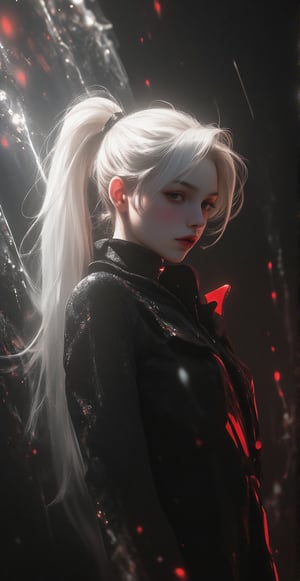 Score_9, score_8_up, score_7_up, A mesmerizing digital painting of a platinum blonde anime vampire woman, radiating an otherworldly aura. She stands tall, dressed in black and red, amidst a smoky atmosphere. Soft pastel hues blend with sharp focus, creating a surreal masterpiece. A powerful backlight illuminates her pale skin, casting dramatic shadows on the surrounding particles. The studio lighting is intentionally dynamic, with rich dark colors contrasting against vibrant tones. Inspired by Wlop's style, this hyper-realistic artwork is worthy of CGI and HDR awards, with a UHD rendering that pops with 64K detail. Movie special effects grade style.