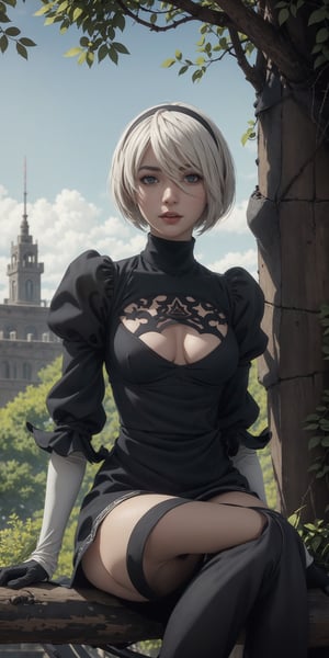 2b, NieR: Automata, ultra hd, sitting on a tree, detailed body, full body, detailed hands, detailed face, detailed eyes, fantasy background, hdr, yorha no. 2 type b