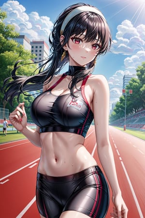 best quality, high quality, 1woman, long black hair, dark red eyes, voluminous eyelashes and pale skin, her hair that frame her face down to her chin and shows off her high forehead,narrow waist and very large breasts, happy, red_crop_top, U neckline, chest open, cleavage, boys short, running shoes, sweating, standing on running track, trees, front-view,ultra details of background, looking_at_viewer, face skin match with body skin color,BBYORF,short hair with long locks, white hairband, gold earrings, jewelry,