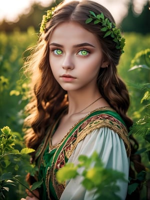 cinematic photo Portrait of a divinely beautiful, gorgeous, stunning, cute, Ukrainian teen girl with striking green eyes in the war . The luminosity of her green eyes is the focal point, contrasting with the earthy tones of her attire. Influenced by the realistic styles of classic portrait artists, with a focus on intricate detailing and natural lighting . The end result should be a high-resolution portrait capturing her cultural essence and the vividness of her eyes, 35mm photograph, film, bokeh, professional, 4k, highly detailed
