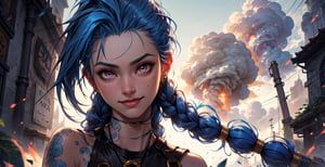 (Jinx, Legue of Legends, Arcane), Tall, thin, with tattoos of sky clouds and weapons on both hands, blue hair. In a chaotic, postpunk background, after a bomb explodes and smoke is seen. She poses like a heroine, a savior, a face with a smile. hyperrealistic effect, More detail XL,LegendDarkFantasy, another bored detail, cinematic scene,DonMB4nsh33XL ,more detail XL,DonM3lv3sXL,jinx (league of legends),ase_sese
Holding_gun, (best quality, masterpiece, colorful, highest detailed), Arcane, flirting, bokeh, (intricate details, hyperdetailed:1.15), full-body_portrait ,JinxLol,underboob tattoo,ase_sese
