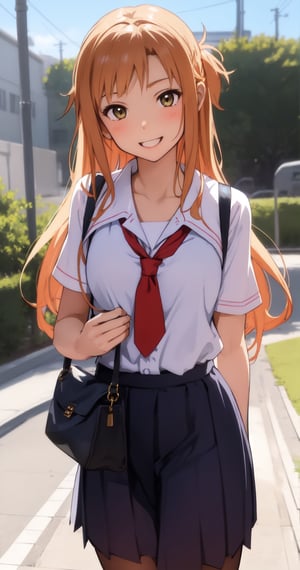 high_school_girl, SAM YANG, school_uniforms, Happy  face  , disheveled, bag, aaasuna, sexy, school, wating for you come home, Entrance, happy to see you, want to hug