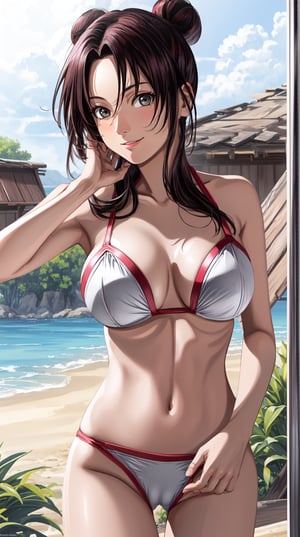 realistic body, detailed body, detailed eyes, realistic face, masterpiece, high quality, 8k, best quality,tenten\(shippuden\), 1woman, masterpiece, best quality, smile, fair skin, high quality, grey eyes, , large breast, white bikini, bare shoulders, collarbone, Tanga, things, cameltoe, ultra background details, facing_viewer , from below, looking_at_viewer, cowboy_shot,