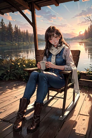 (1girl, cute, sexy, brown long hair), ultra detailed and intricate clothing, (jeans, a large white scarf), (detailed, perfect, beautiful, masterpiece, high quality, high resolution, extremely detailed, sharpness, intricate, high quality_textures, high resolution_textures, absurdres, sharp details, award_winning, moody lighting, detailed shadows, realistic, photorealistic environment, (hut by the lake in the forest, sunset, reflections, she is sitting in a rocking chair, holding a cup of coffee in her hands), soft light, boots,